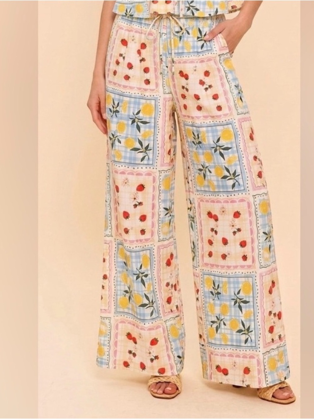 Monteau Wide-Leg Fruit Patchwork Linen Pants - Cream Multi